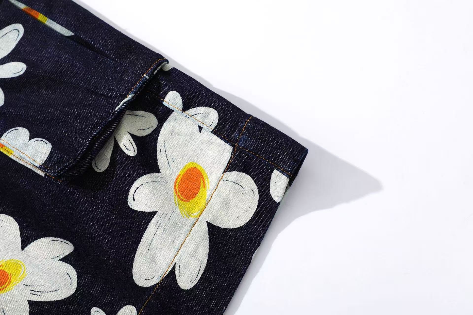 Printed Denim Knee-Length Shorts