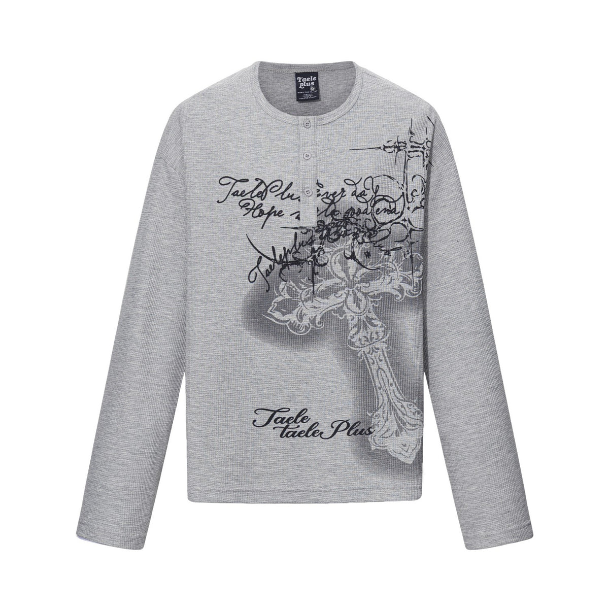Gothic Cross Script Graphic Waffle Henley Long Sleeve