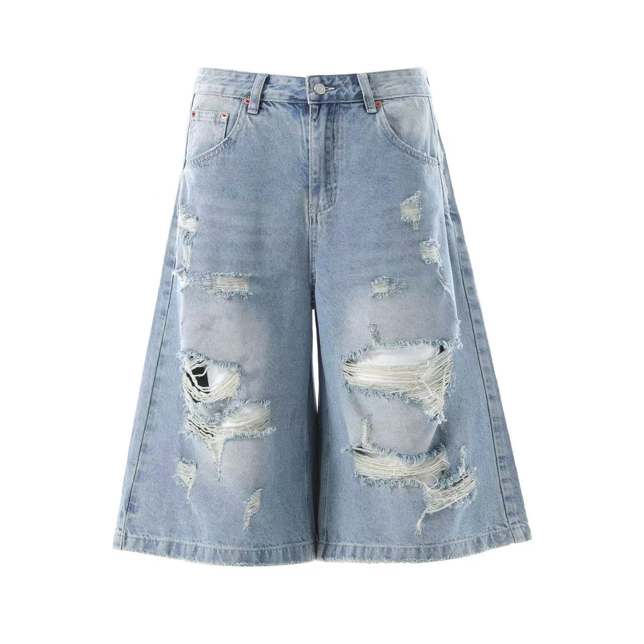 Distressed Denim Knee-Length Shorts