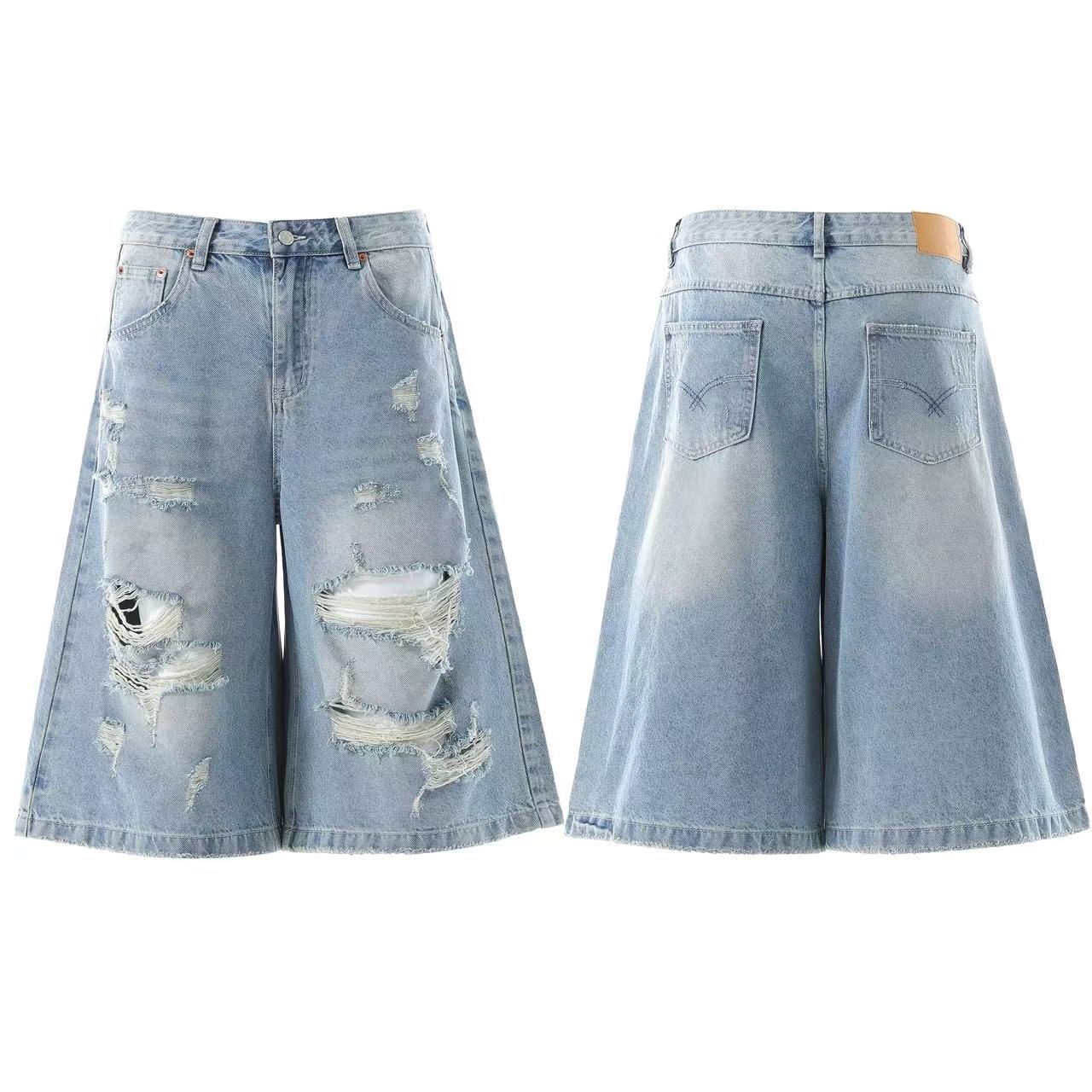 Distressed Denim Knee-Length Shorts