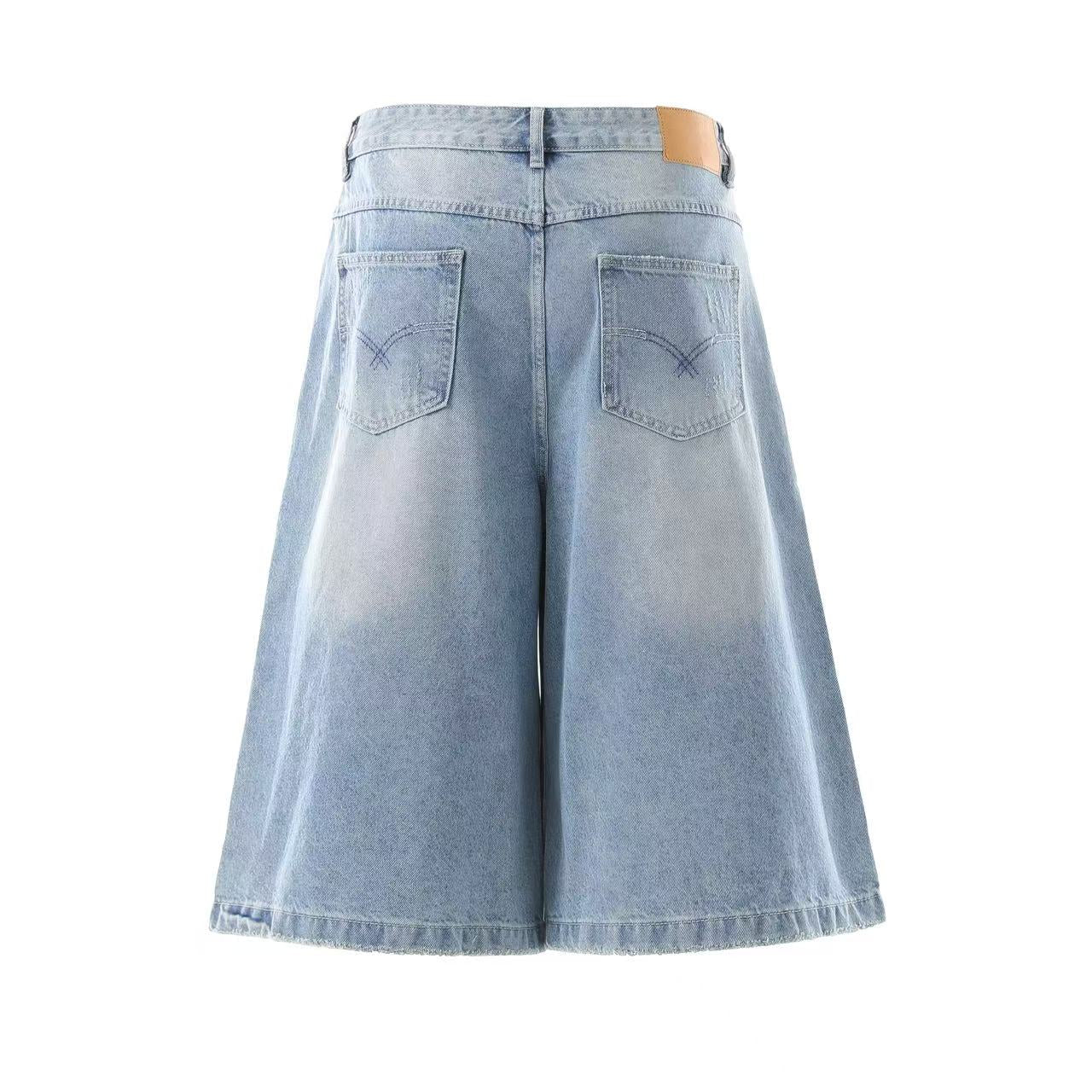 Distressed Denim Knee-Length Shorts
