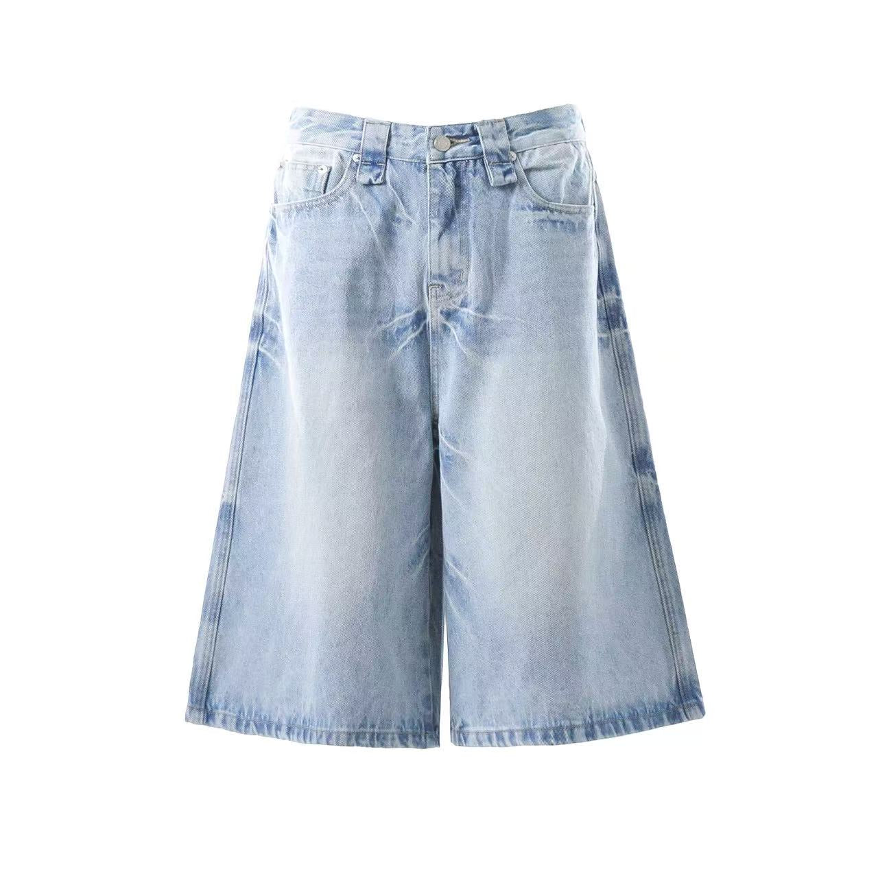 Washed Denim Knee-Length Shorts