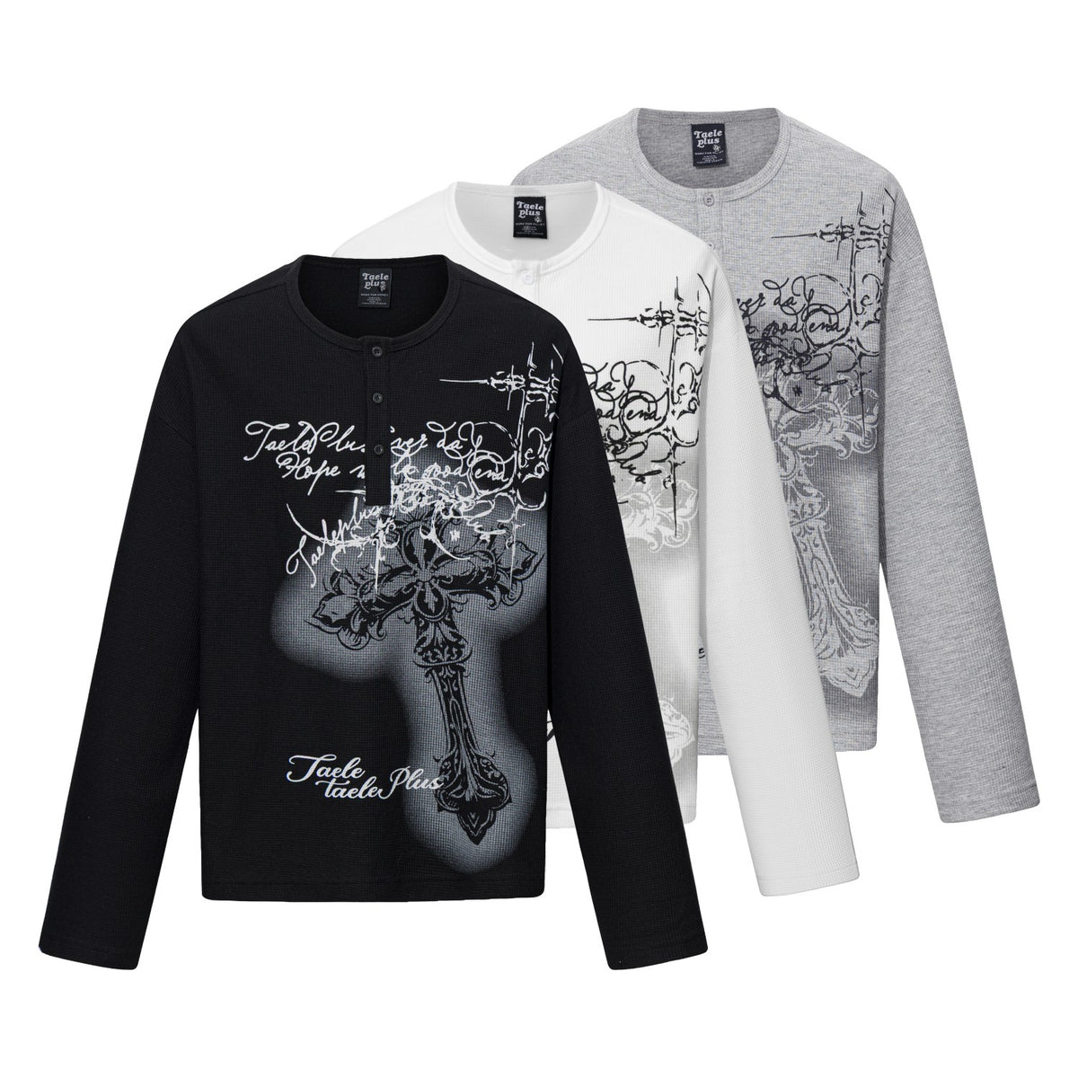 Gothic Cross Script Graphic Waffle Henley Long Sleeve