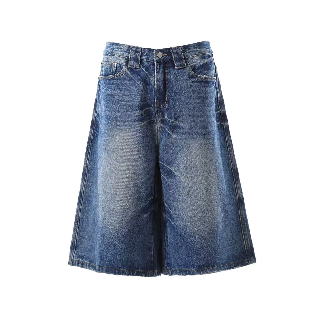 Washed Denim Knee-Length Shorts
