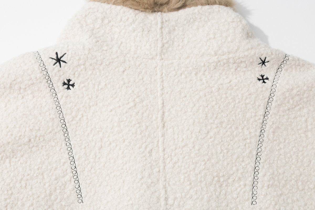 Unisex Faux Fur Trim Cat Floral Embroidered Sherpa Jacket