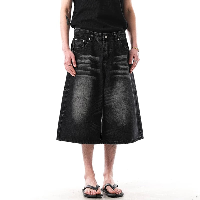 Washed Denim Knee-Length Shorts