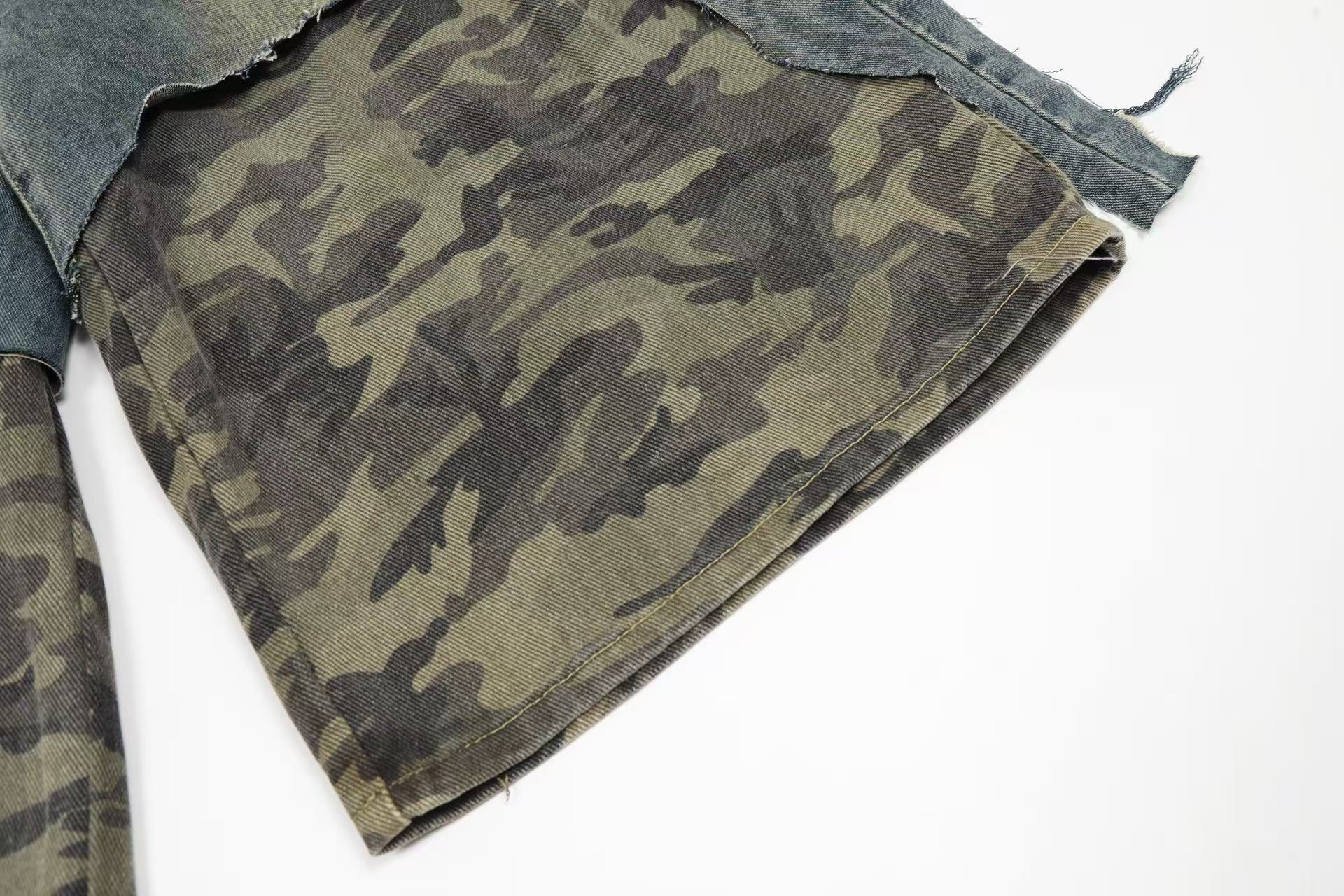 Distressed Camo Denim Knee-Length Shorts
