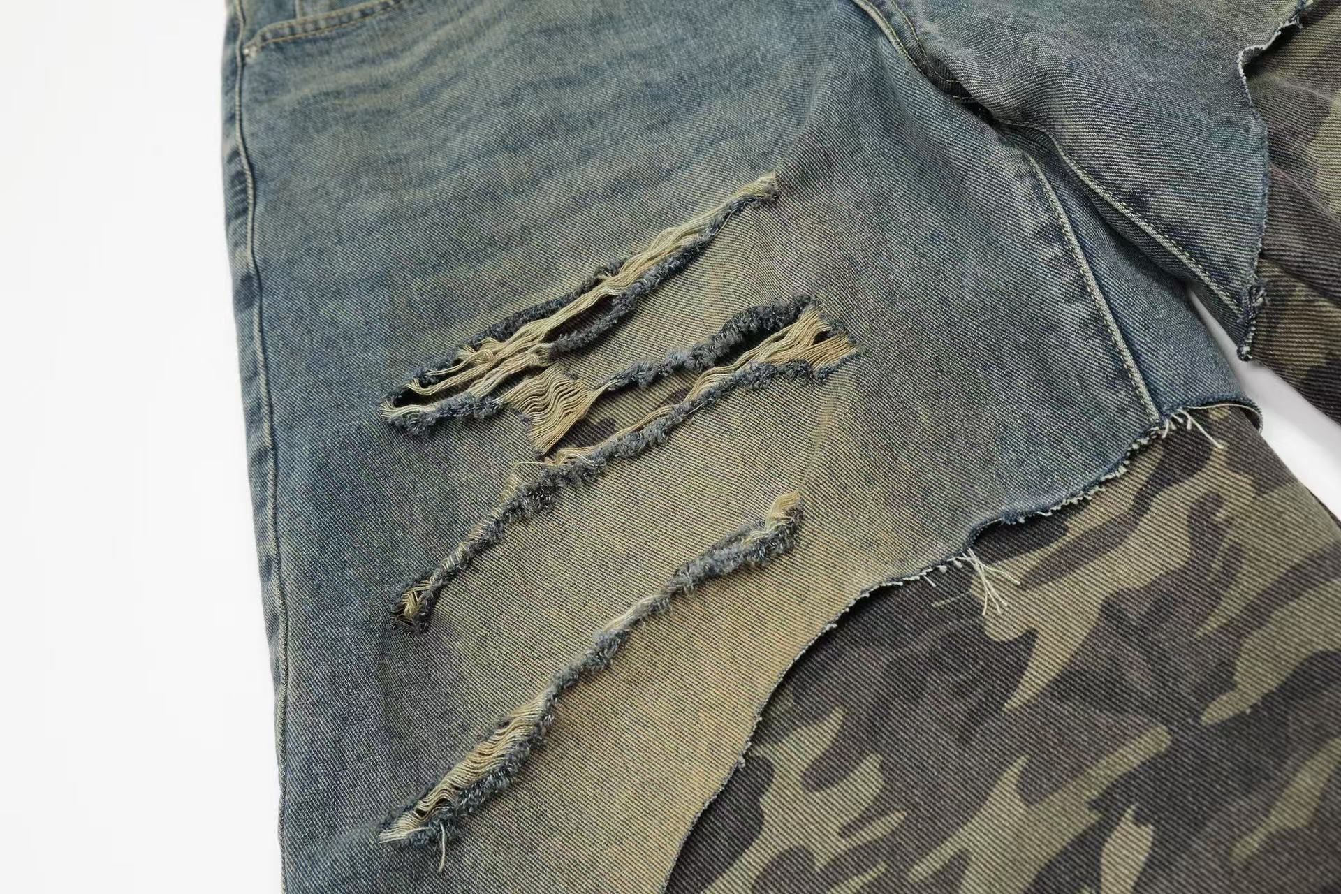 Distressed Camo Denim Knee-Length Shorts