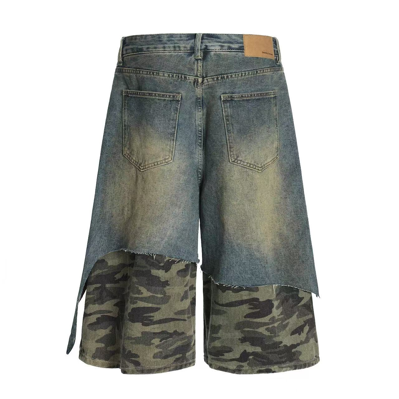 Distressed Camo Denim Knee-Length Shorts