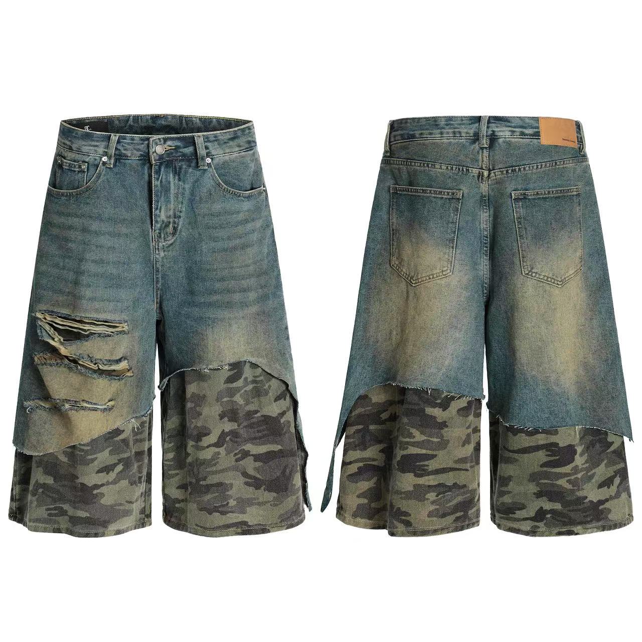 Distressed Camo Denim Knee-Length Shorts