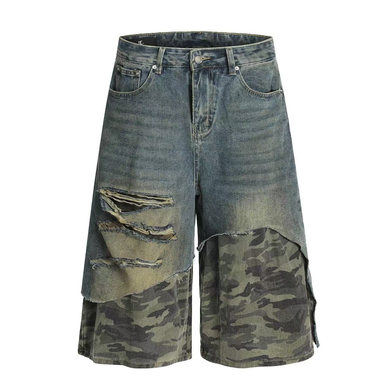 Distressed Camo Denim Knee-Length Shorts