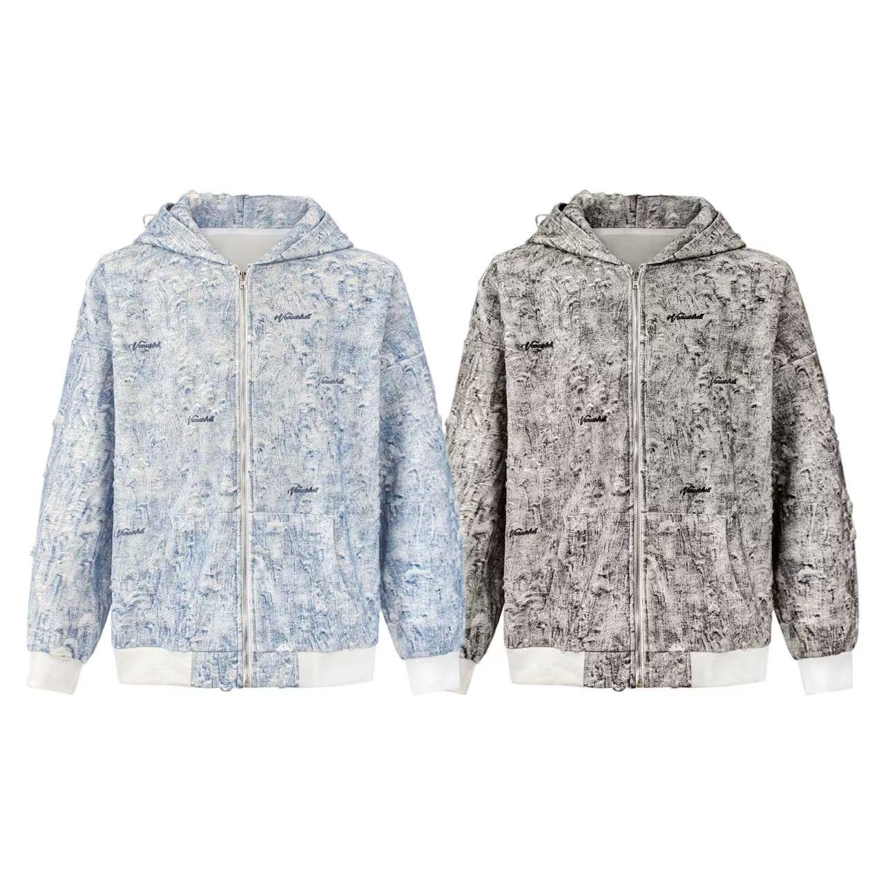 Street Style Distressed Zip-Up Hoodie
