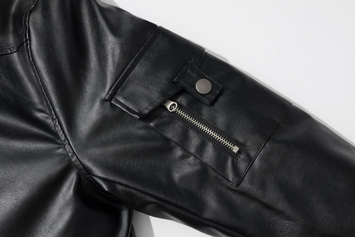 Faux Fur Collar Asymmetric Faux Leather Bomber Jacket