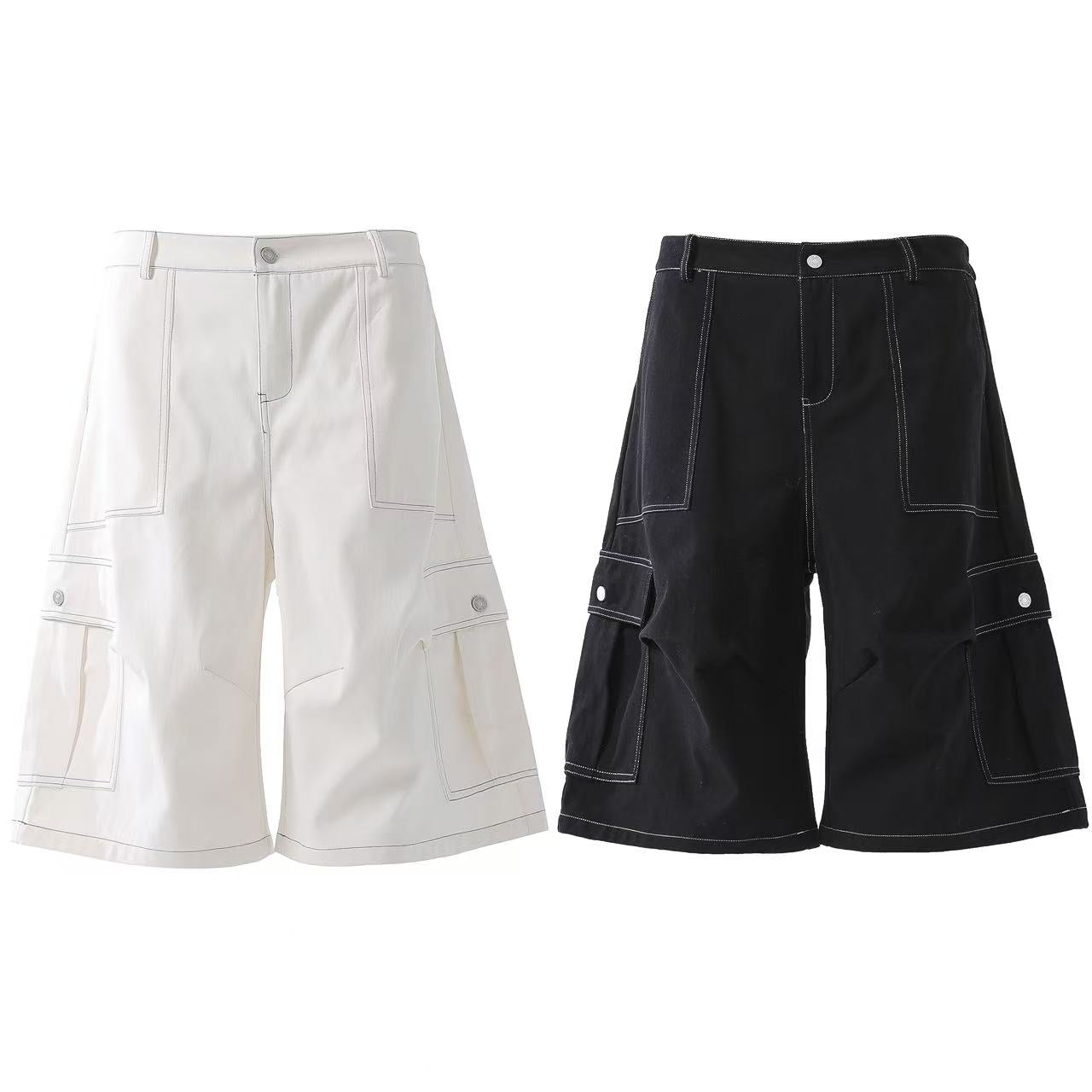 Deconstructed Topstitching Design Wide-Leg Knee-Length Shorts