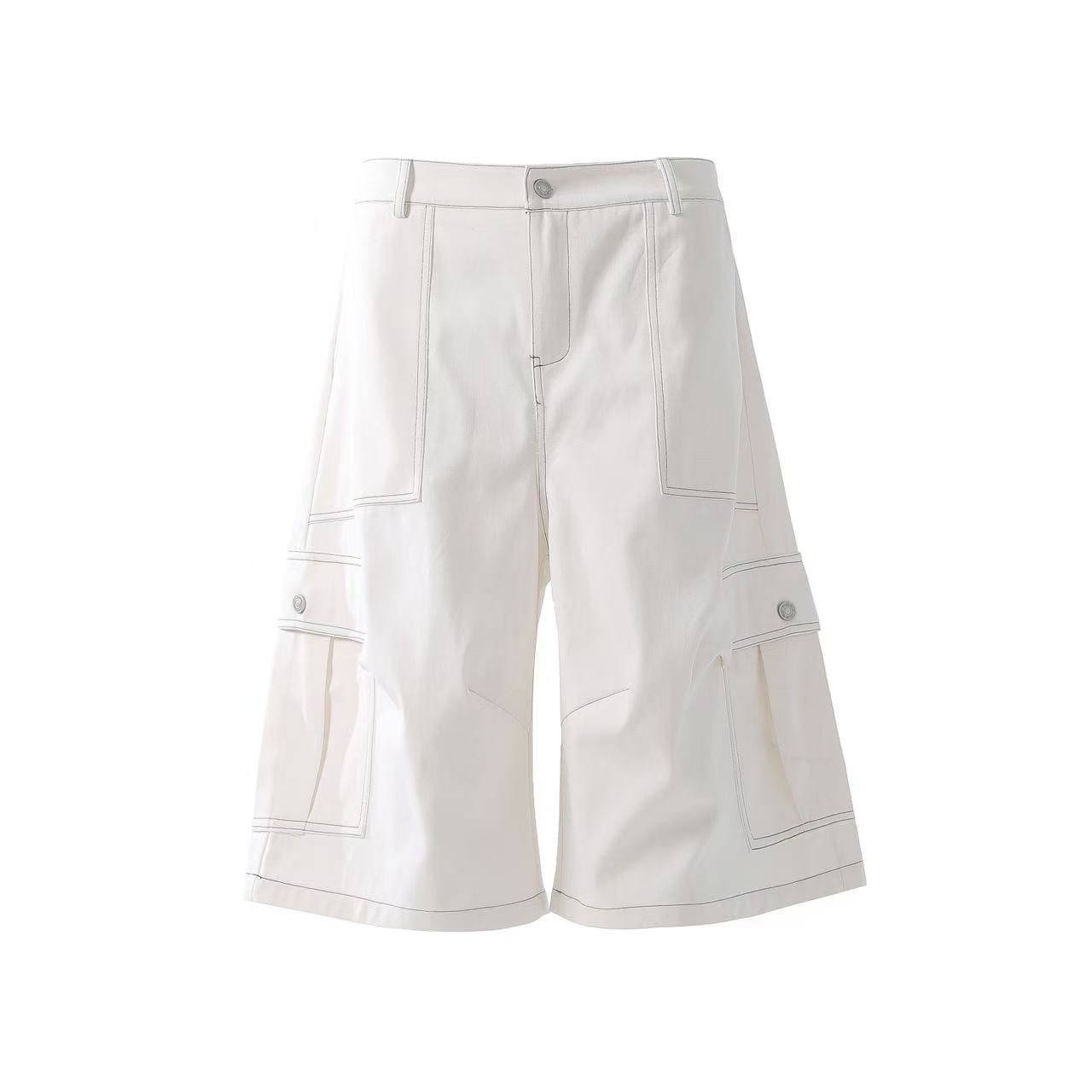 Deconstructed Topstitching Design Wide-Leg Knee-Length Shorts