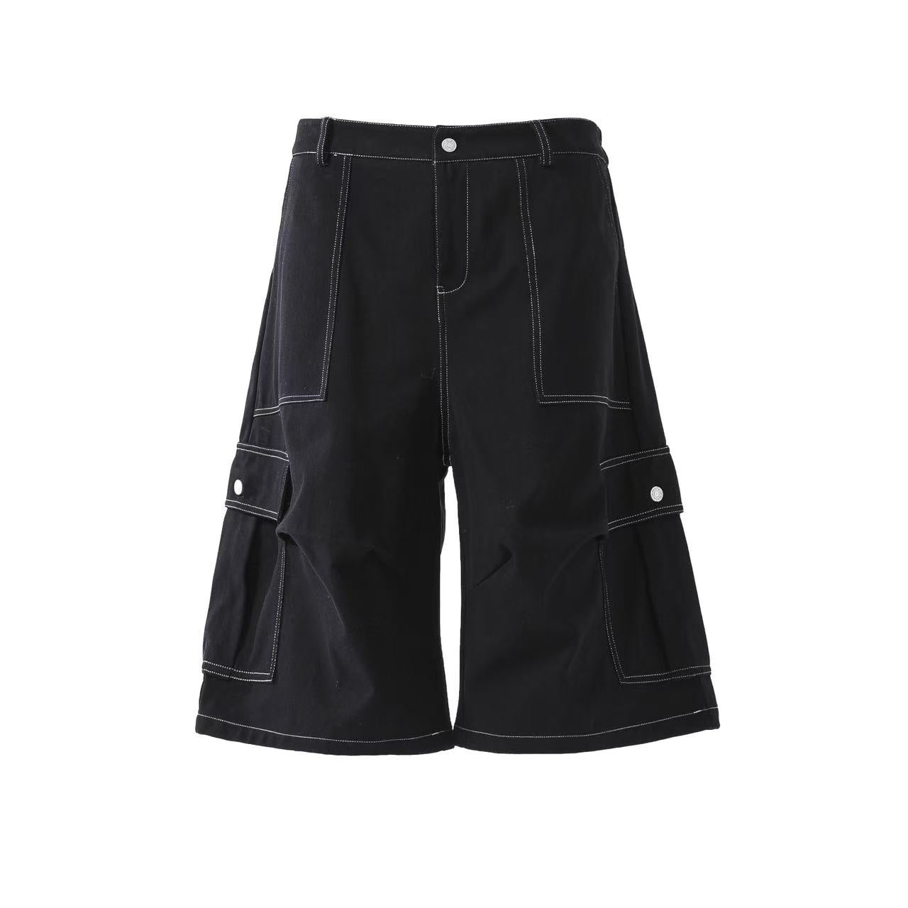 Deconstructed Topstitching Design Wide-Leg Knee-Length Shorts