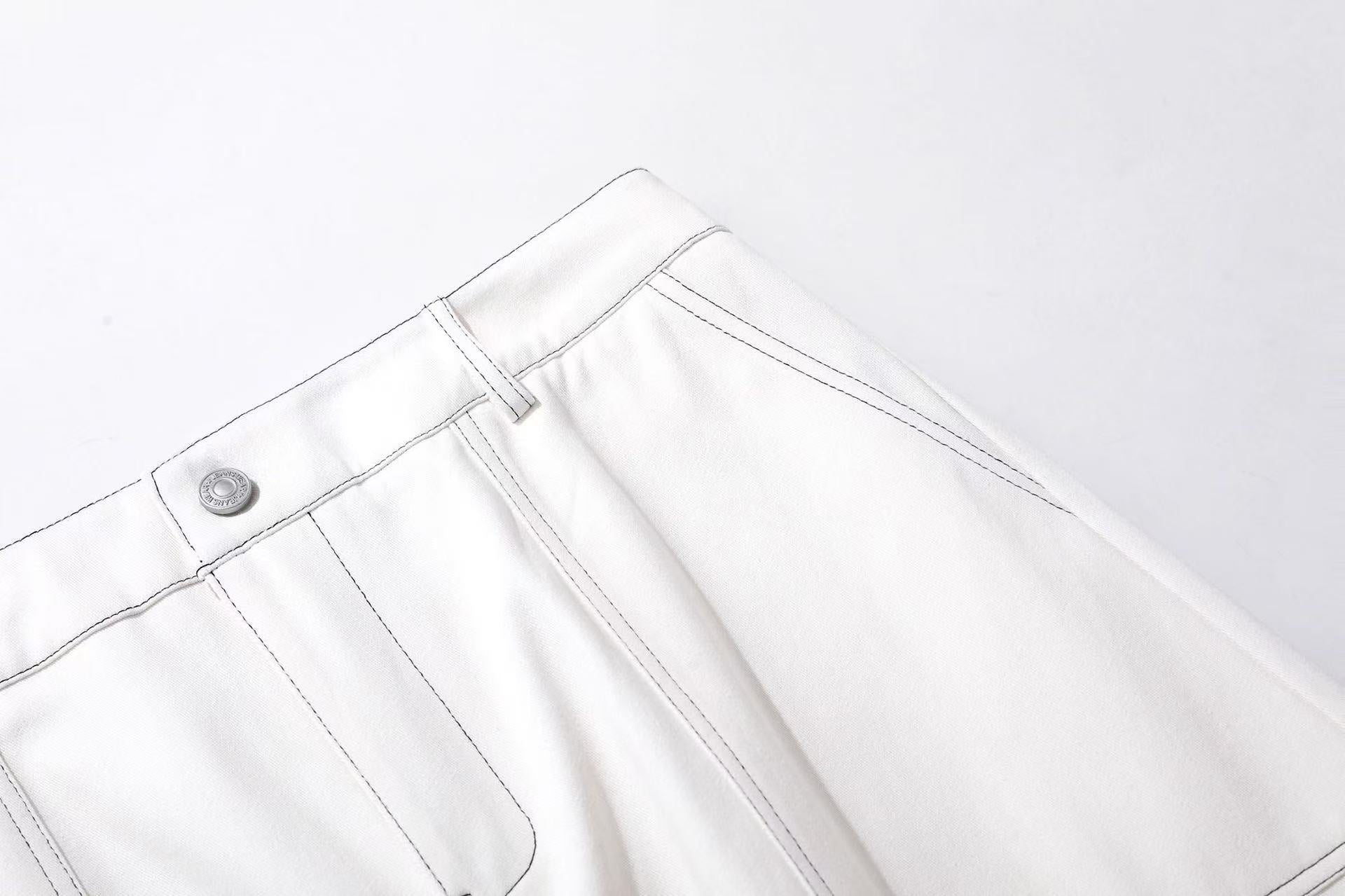 Deconstructed Topstitching Design Wide-Leg Knee-Length Shorts