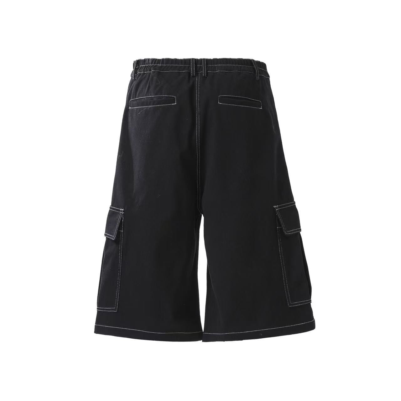 Deconstructed Topstitching Design Wide-Leg Knee-Length Shorts