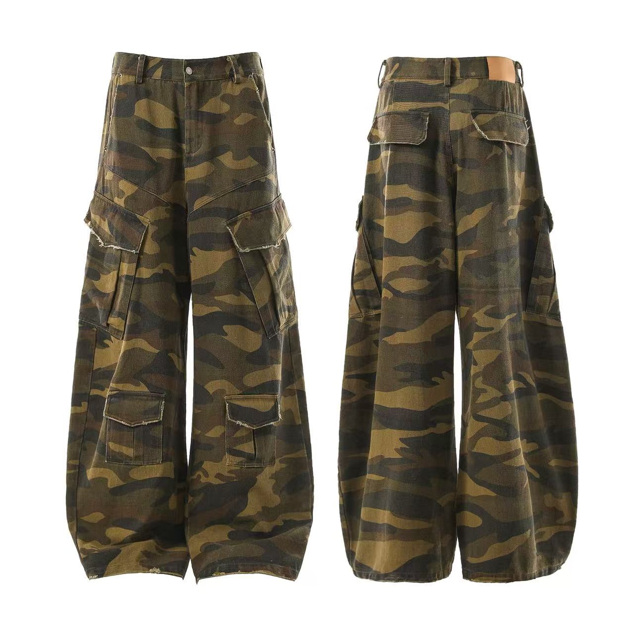 Multi-Pocket Camo Wide-Leg Cargo Pants