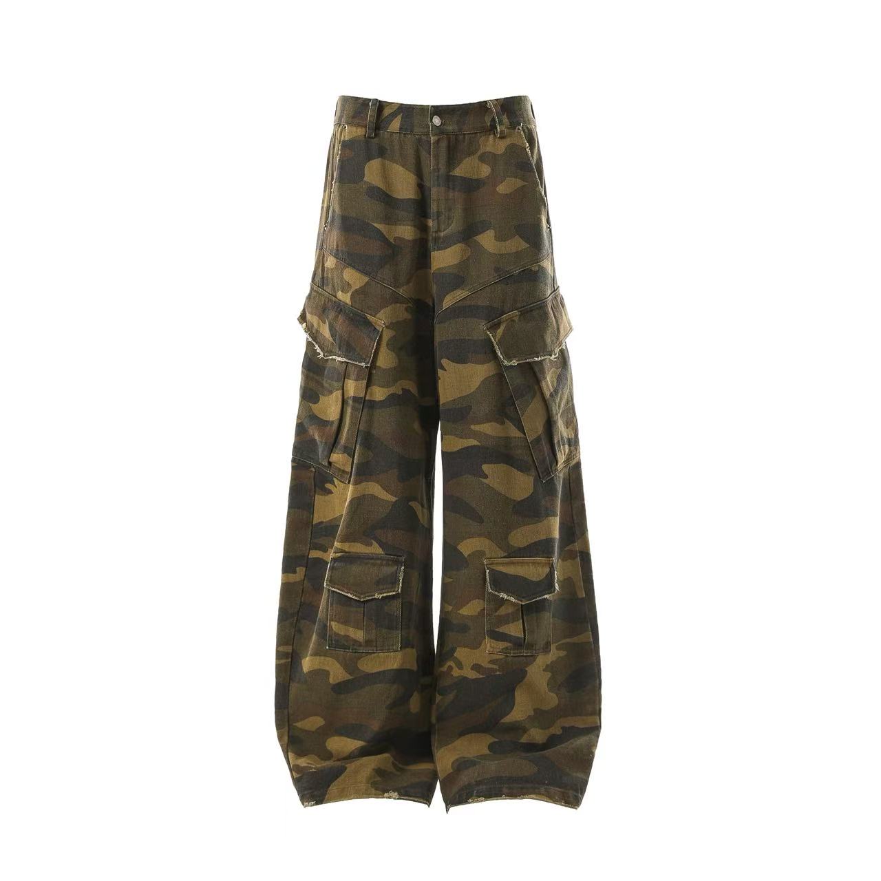 Multi-Pocket Camo Wide-Leg Cargo Pants
