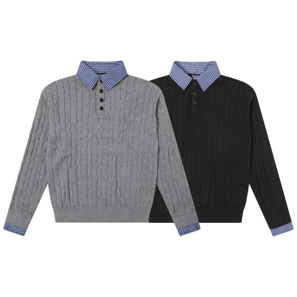 Cable Knit Fake Two-Piece Collared Sweater