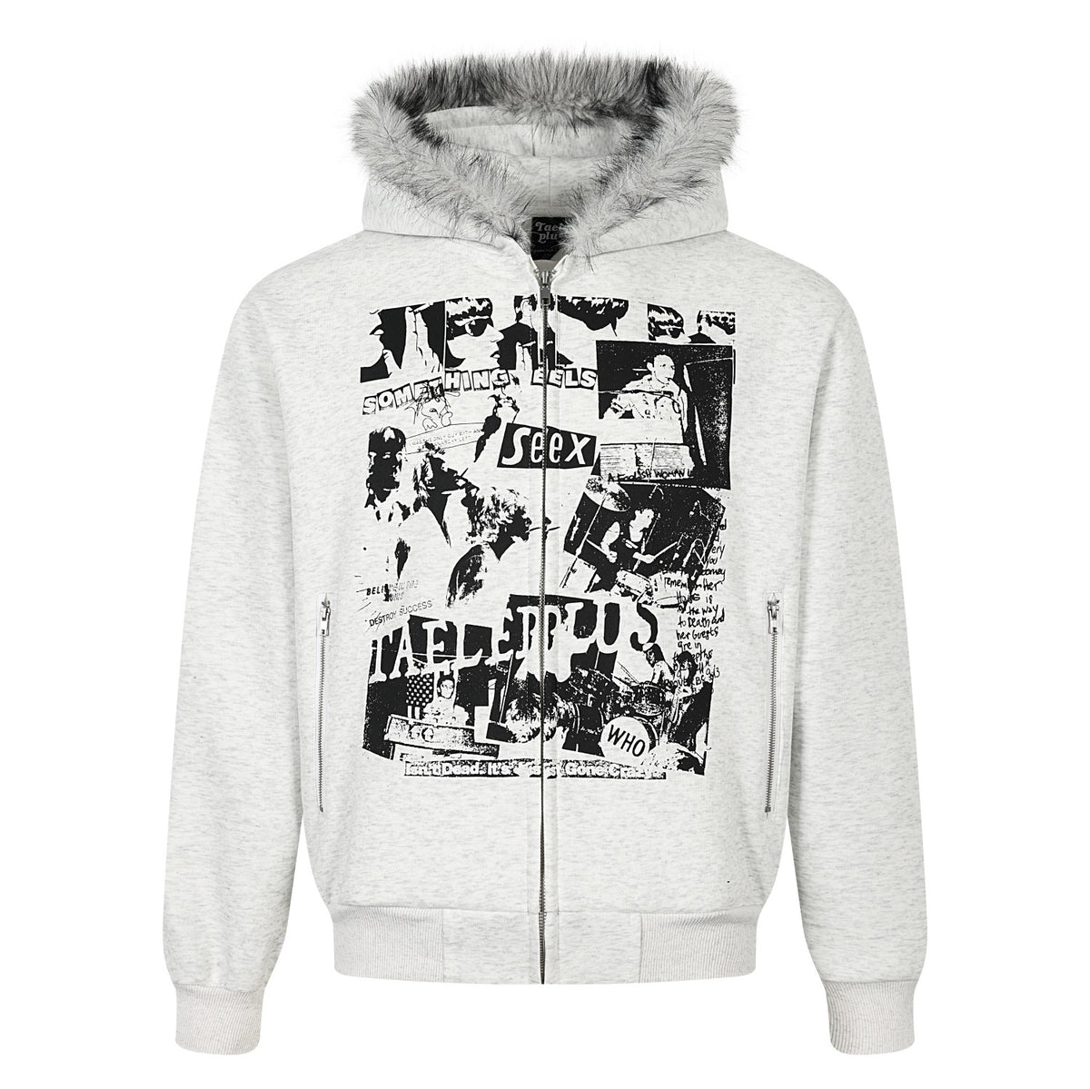 Vintage Newspaper Collage Graphic Print Furry Trim Zip Up Hoodie