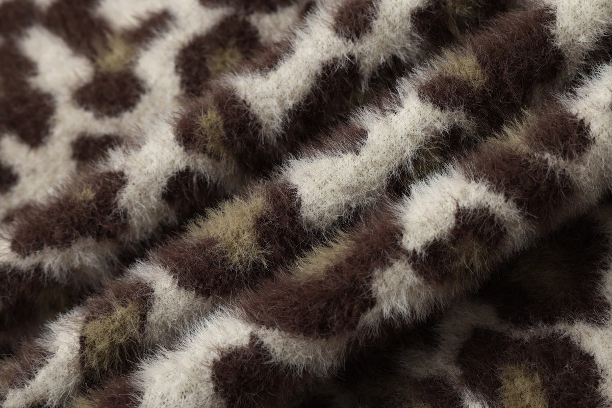 Leopard Jacquard Zip-Up Hooded Knit Cardigan
