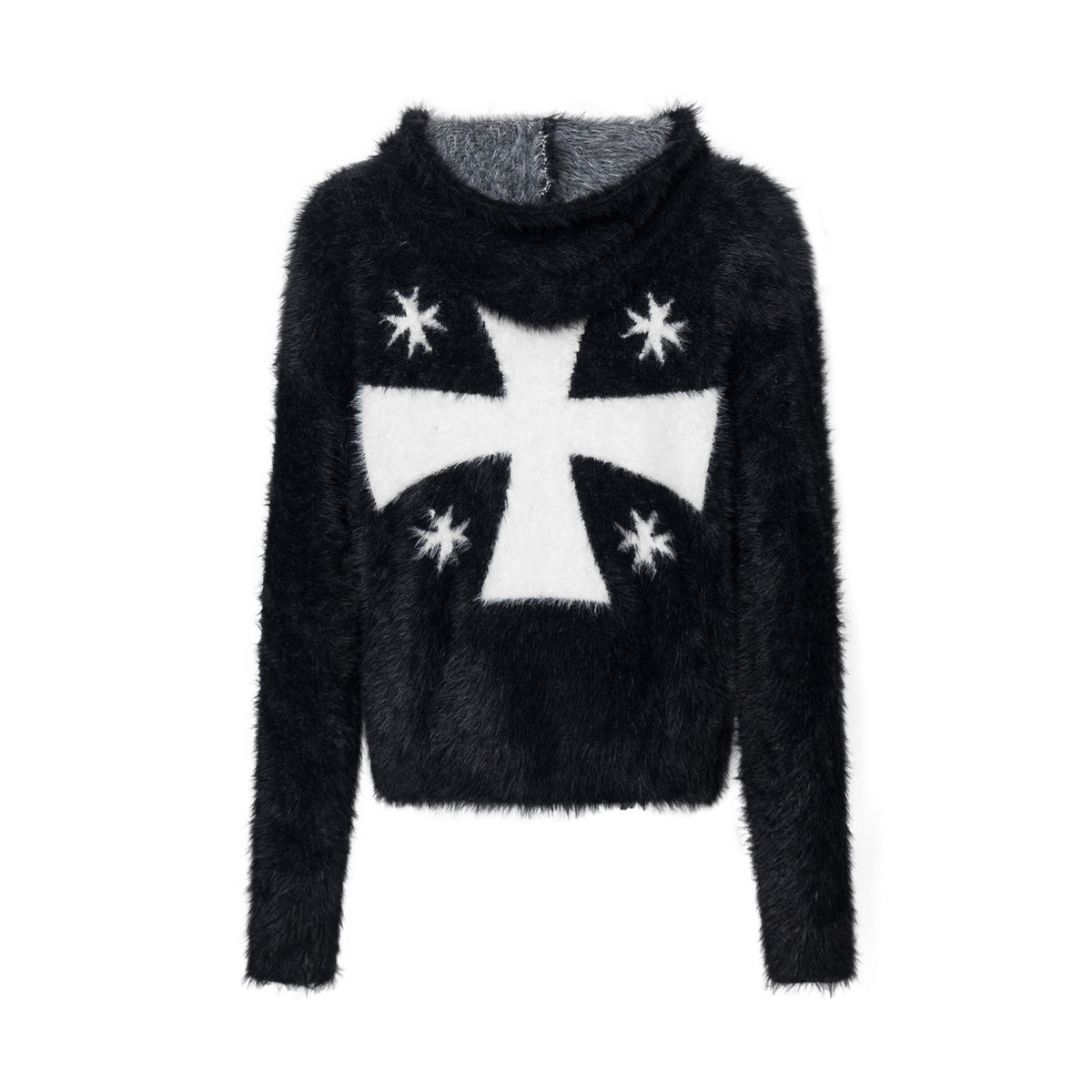 Mythical Beast & Cross Graphic Fuzzy Zip-Up Hooded Sweater