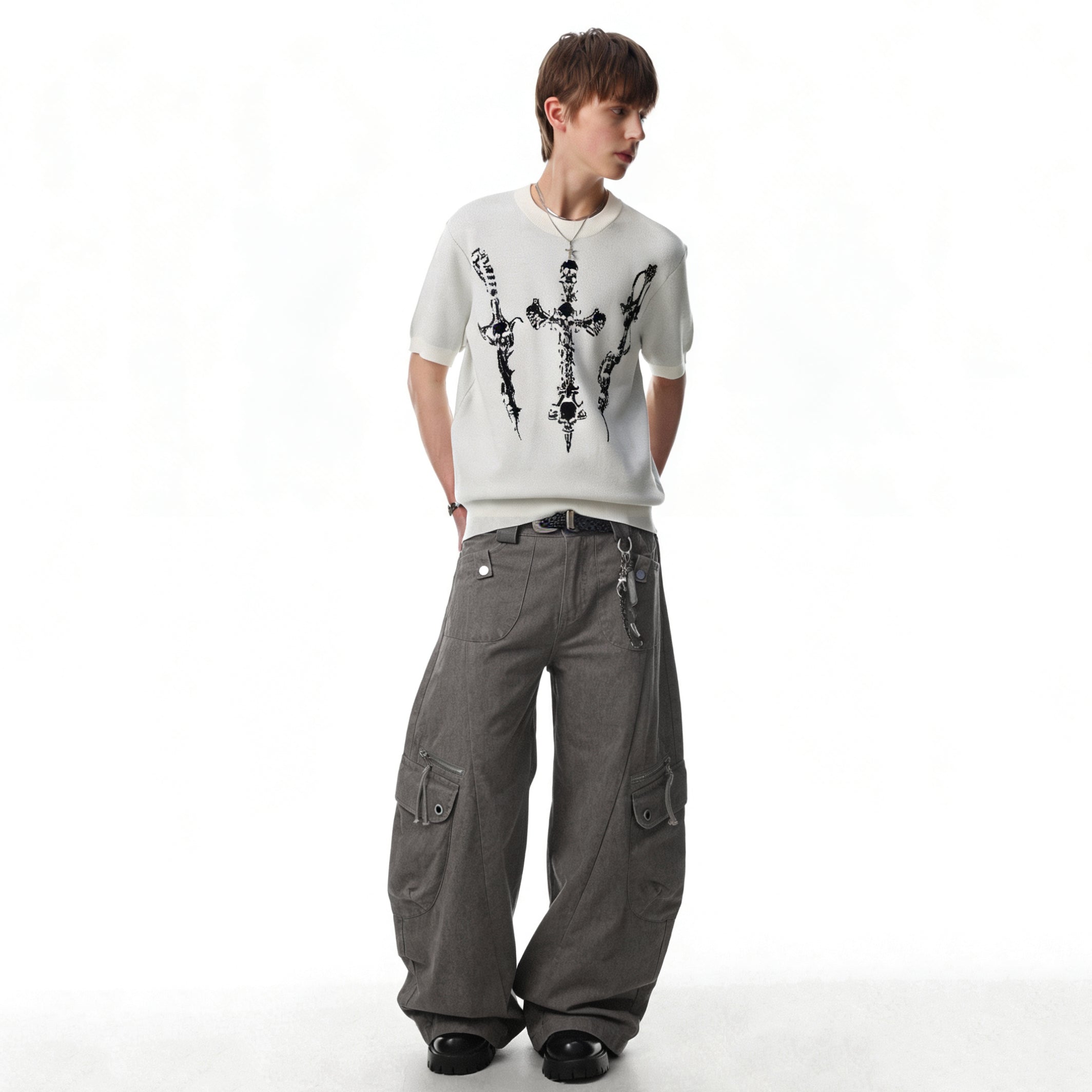 Vintage Button-Flap Wide-Leg Cargo Pants