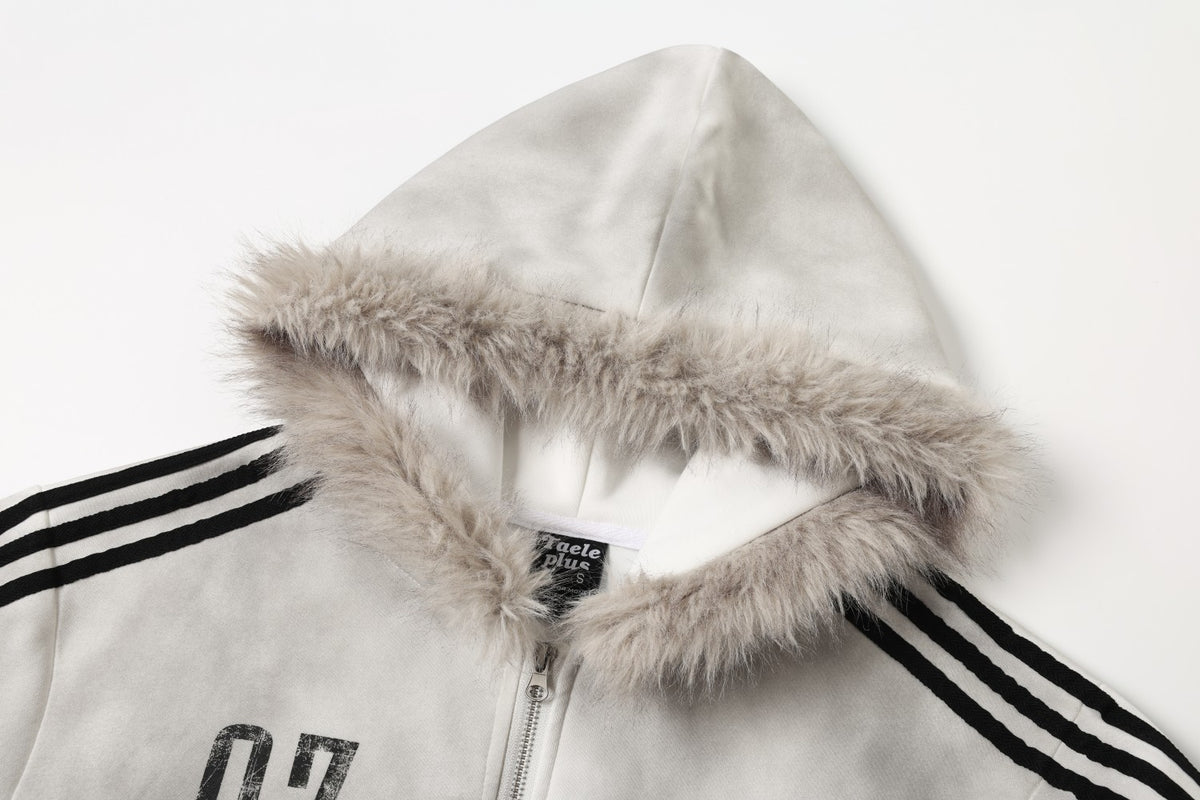 Music Note Vintage Letter Print Furry Trim Zip Up Hoodie