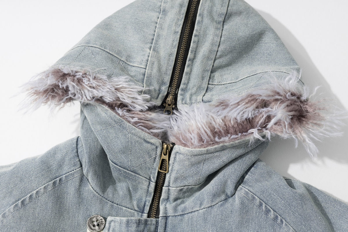 Washed Denim Faux Fur Lined Hooded Bomber Jacket