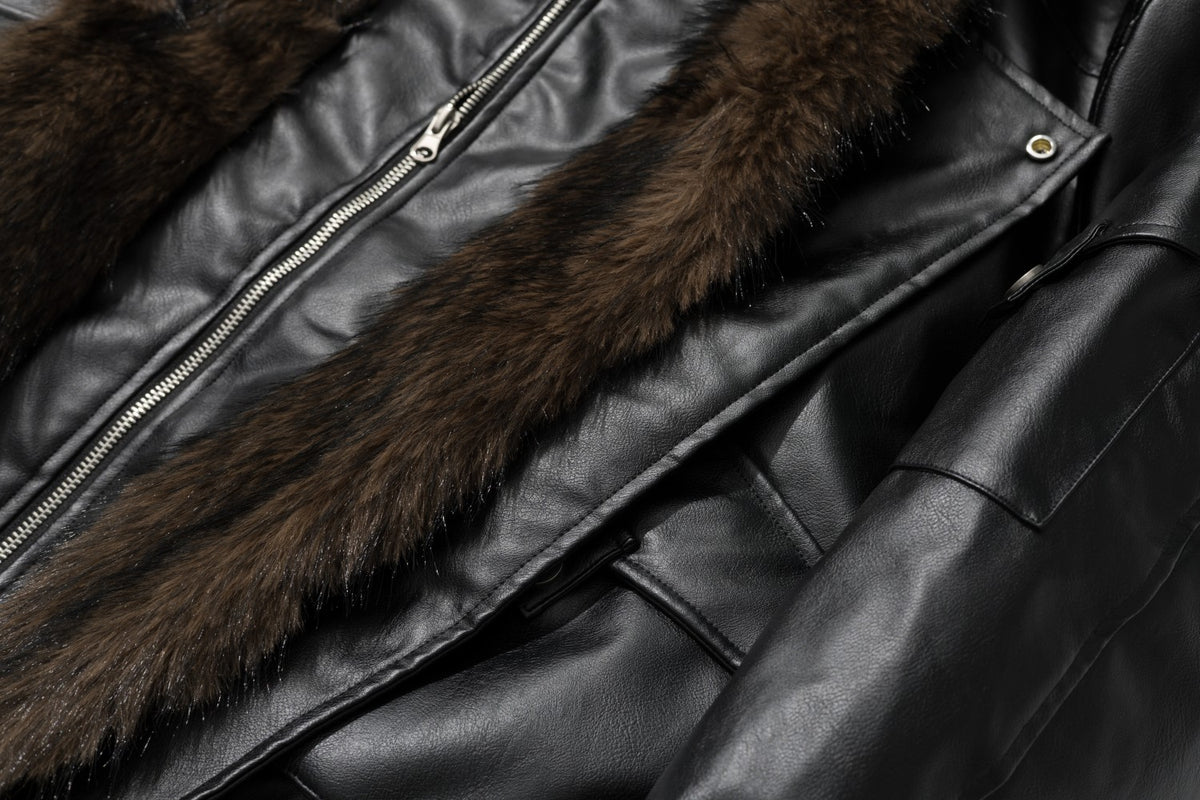 Faux Fur Collar Asymmetric Faux Leather Bomber Jacket