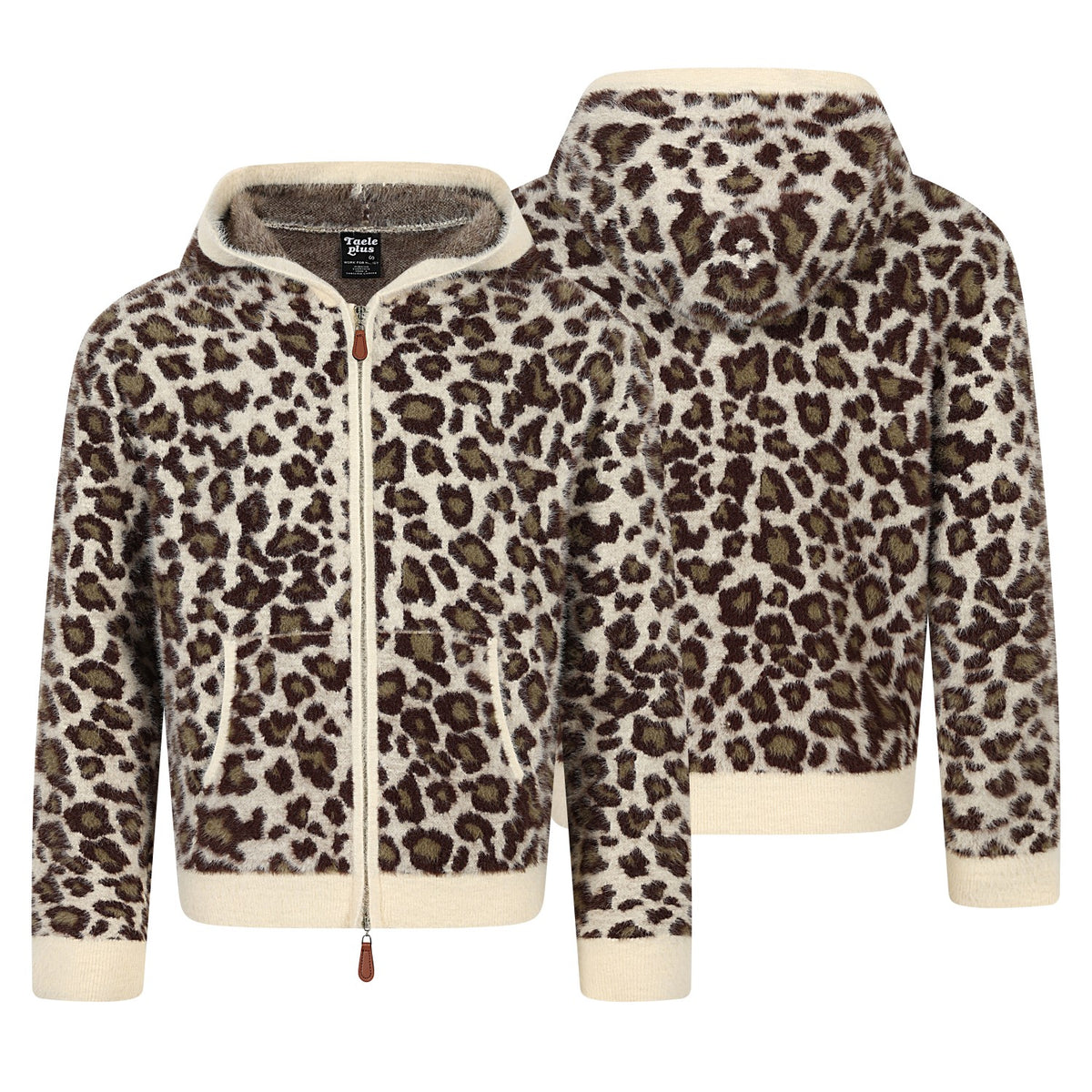 Leopard Jacquard Zip-Up Hooded Knit Cardigan