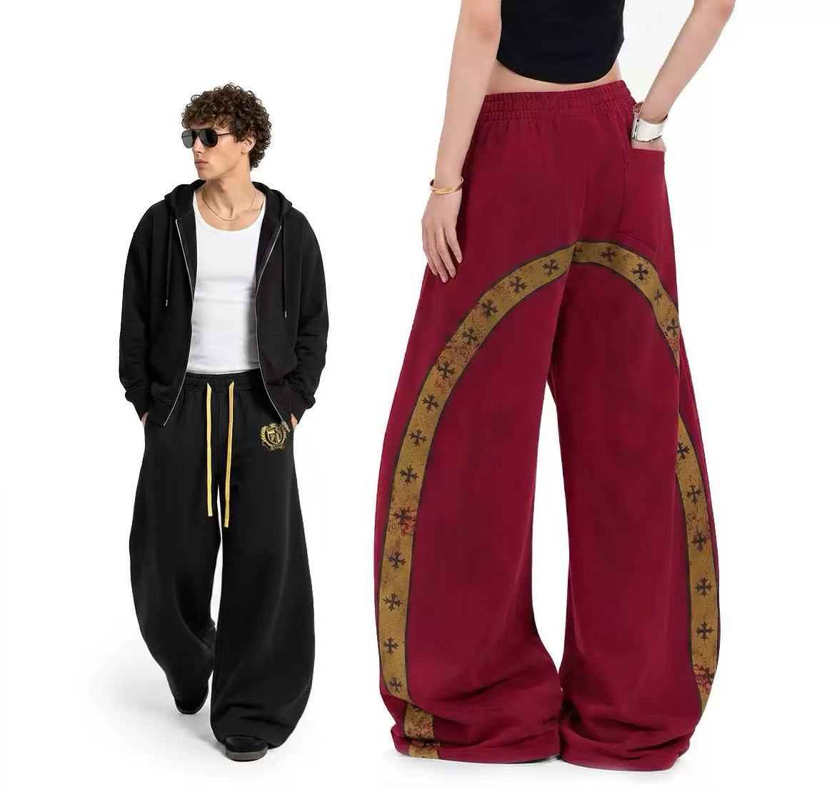 Vintage Crest Emblem Print Baggy Wide-Leg Sweatpants