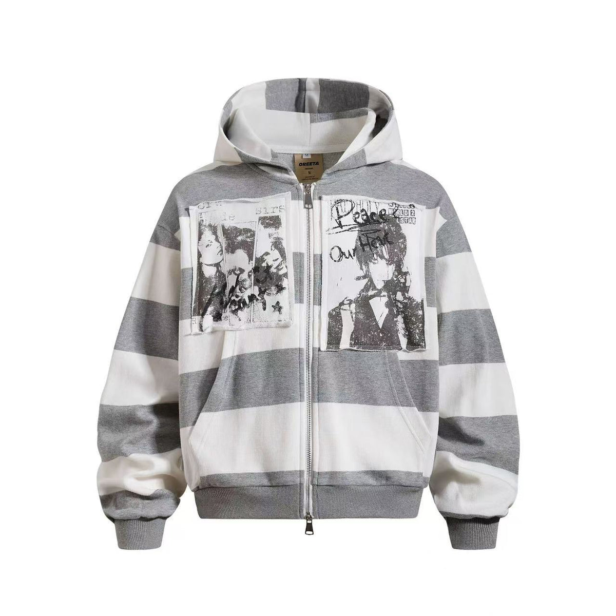 Striped Patchwork Portrait Print Zip-Up Hoodie