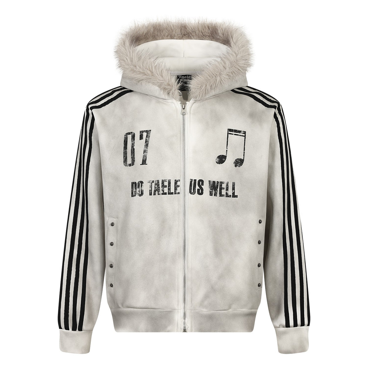 Music Note Vintage Letter Print Furry Trim Zip Up Hoodie