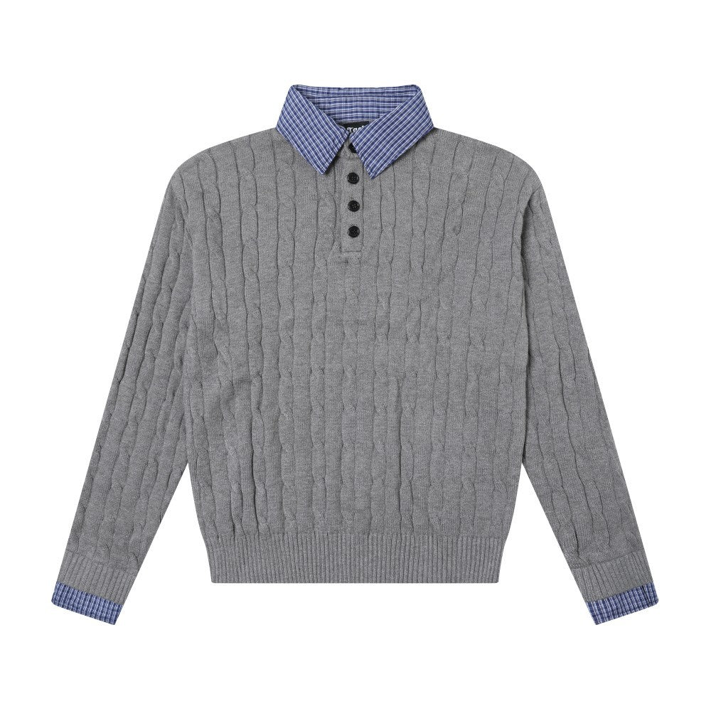 Cable Knit Fake Two-Piece Collared Sweater