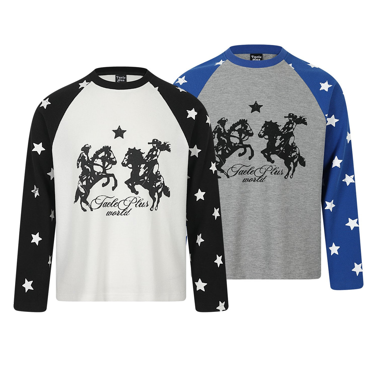 Western Cowboy Star Print Raglan Waffle Knit Long Sleeve