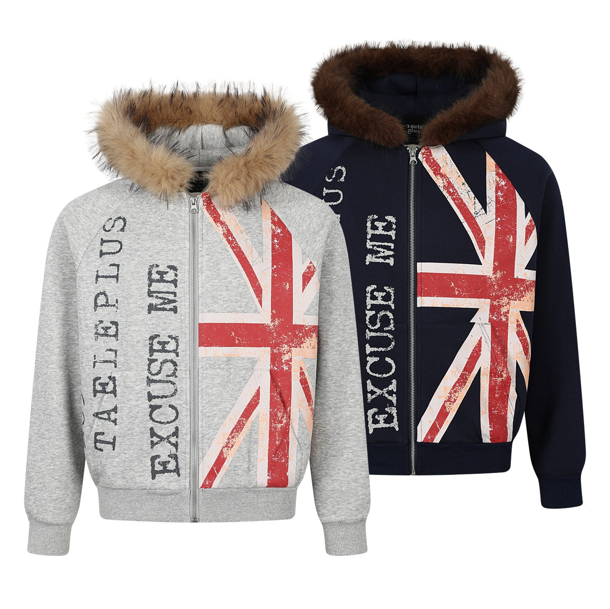 Vintage Union Jack Faux Fur Trim Zip Up Hoodie