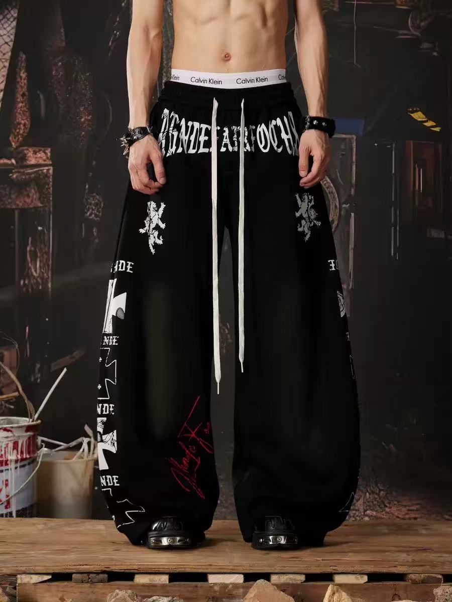 Graffiti Print Oversized Baggy Drawstring Wide-Leg Sweatpants