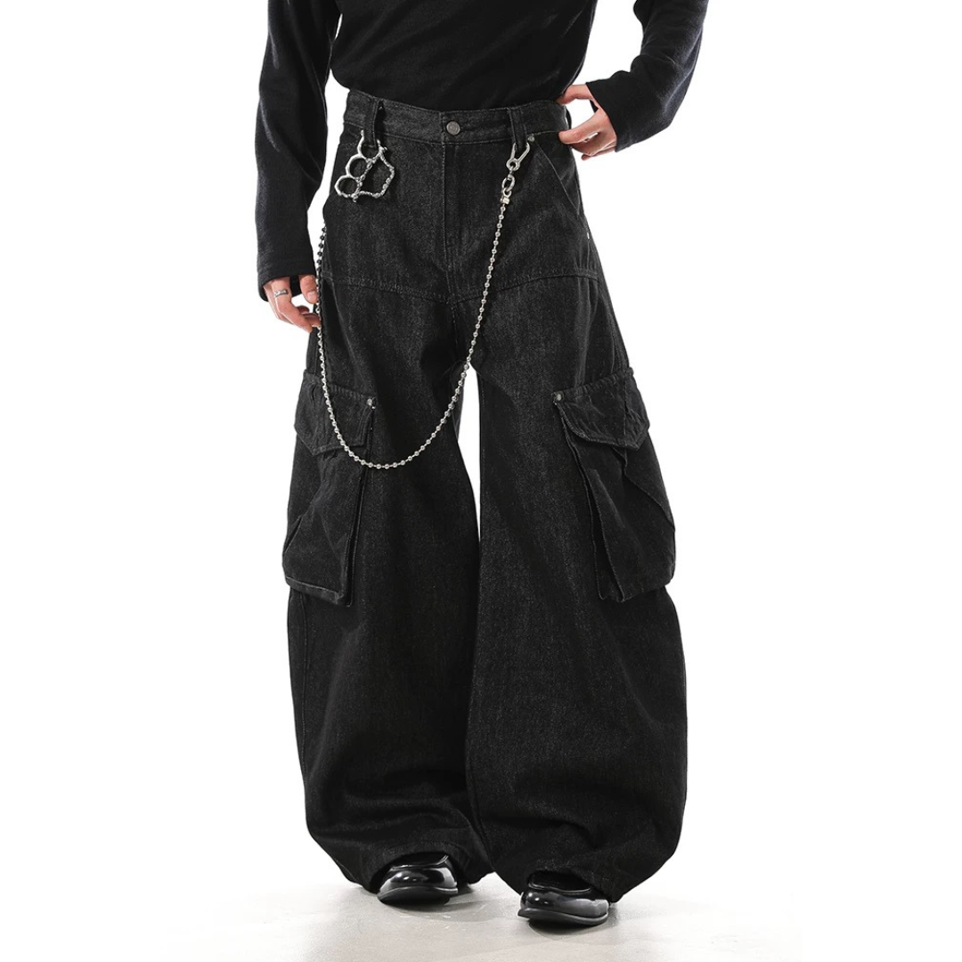 Multi-Pocket Wide-Leg Baggy Jeans