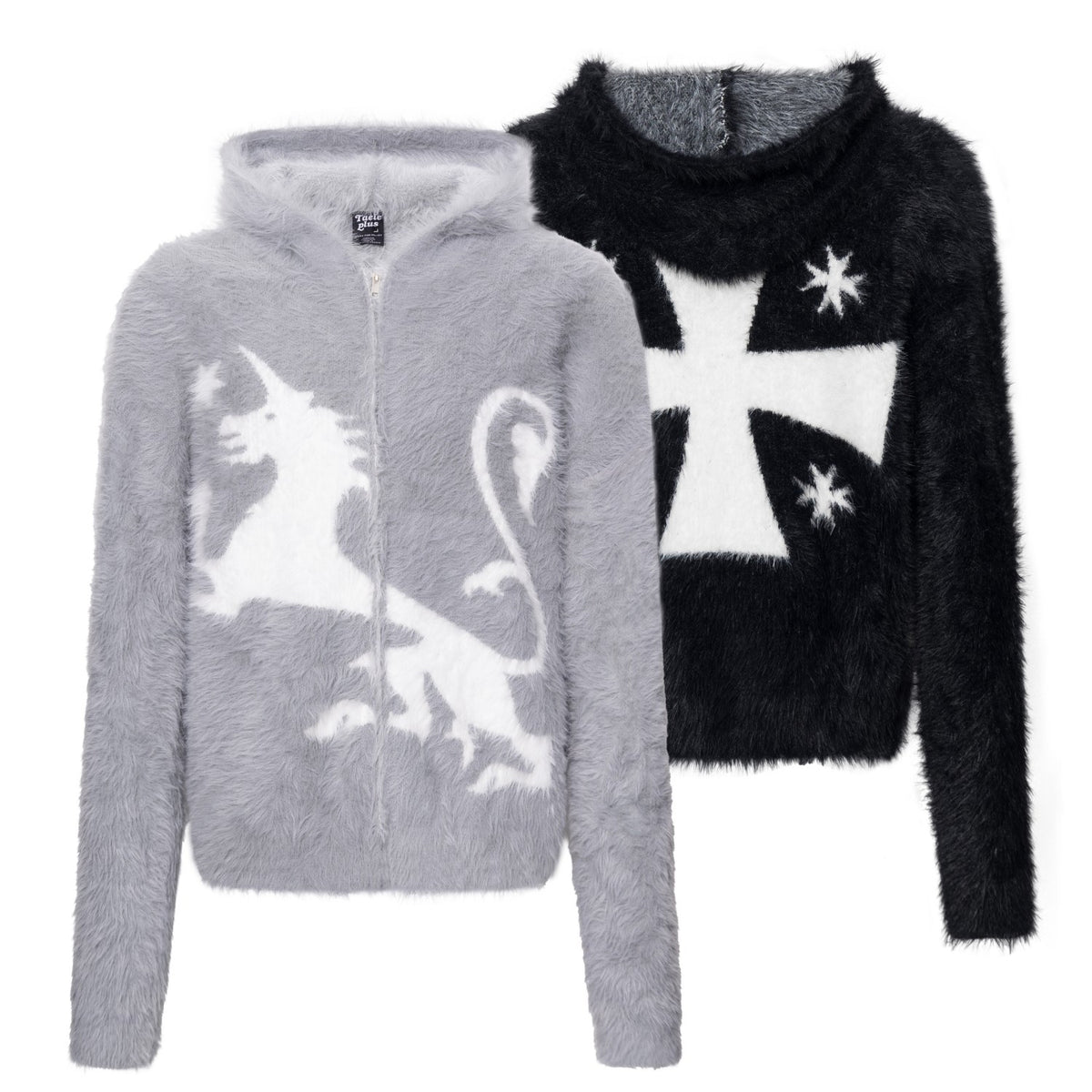 Mythical Beast & Cross Graphic Fuzzy Zip-Up Hooded Sweater