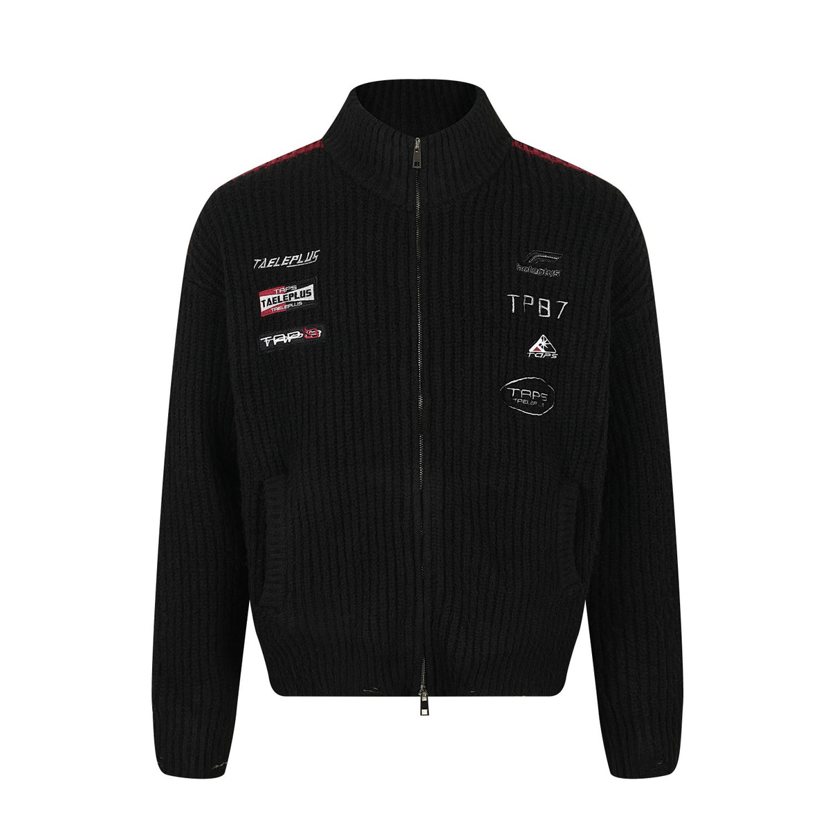 Racing Patched Full Zip Stand Collar Knit Full Zip Sweater
