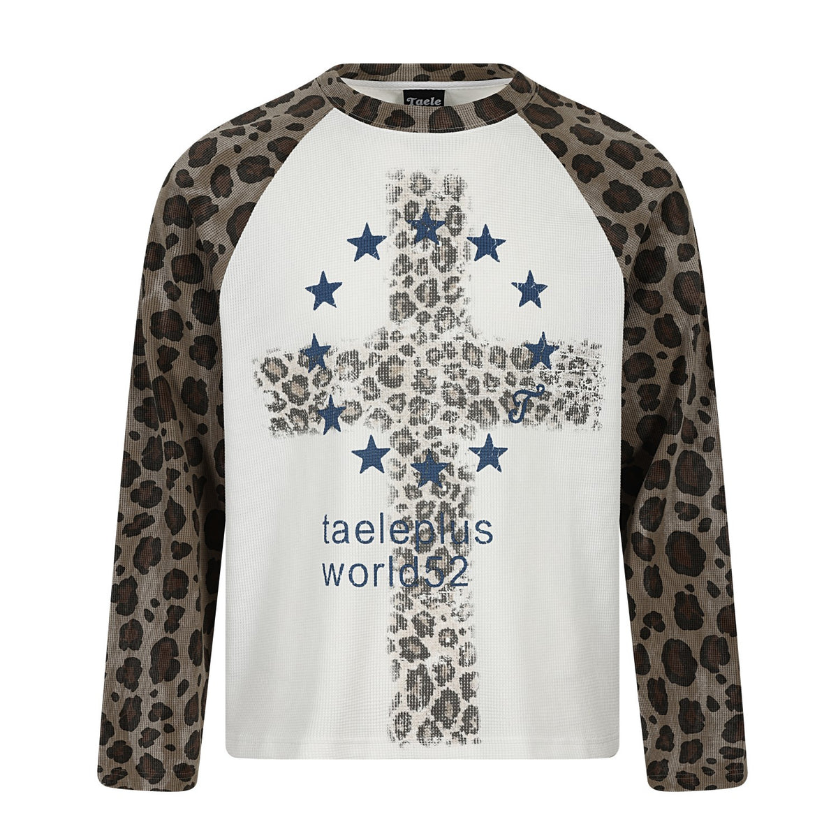 Cross Star Print Leopard Raglan Waffle Long Sleeve