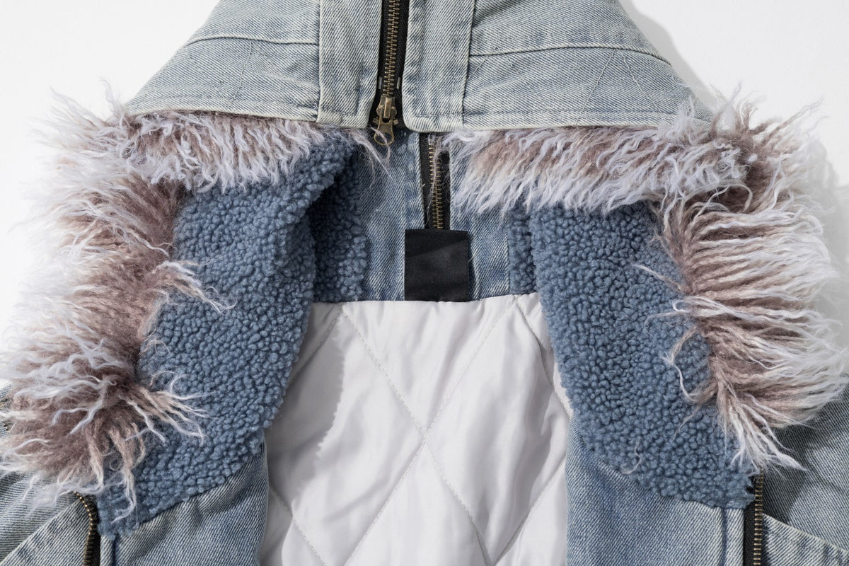 Washed Denim Faux Fur Lined Hooded Bomber Jacket
