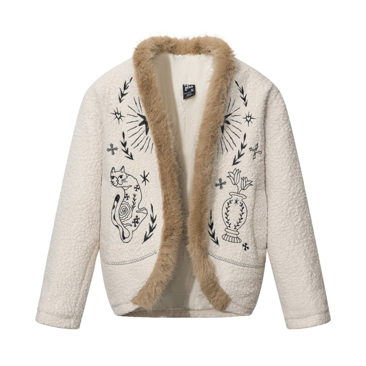 Unisex Faux Fur Trim Cat Floral Embroidered Sherpa Jacket