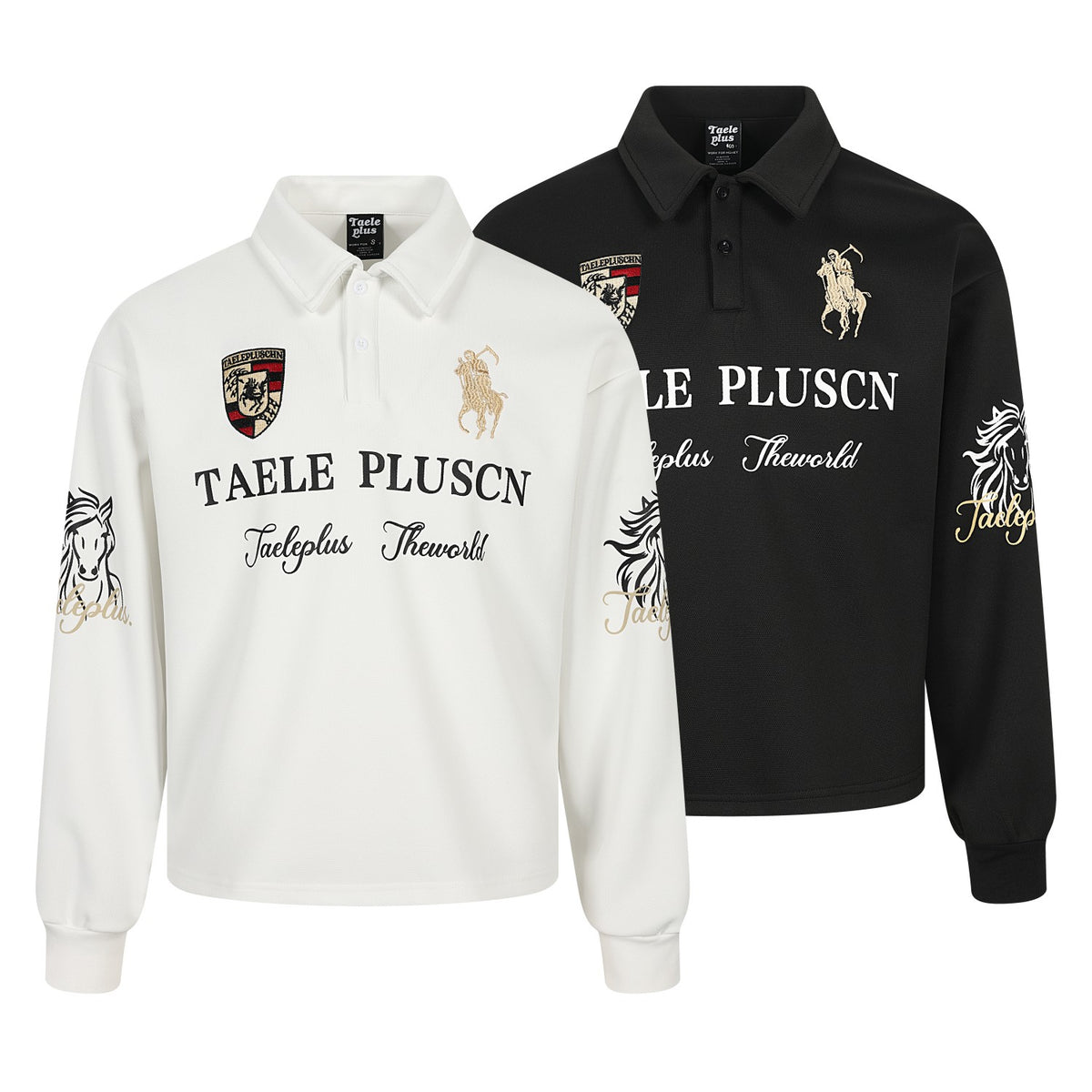 Embroidered Crest Logo Long Sleeve Polo Sweatshirt
