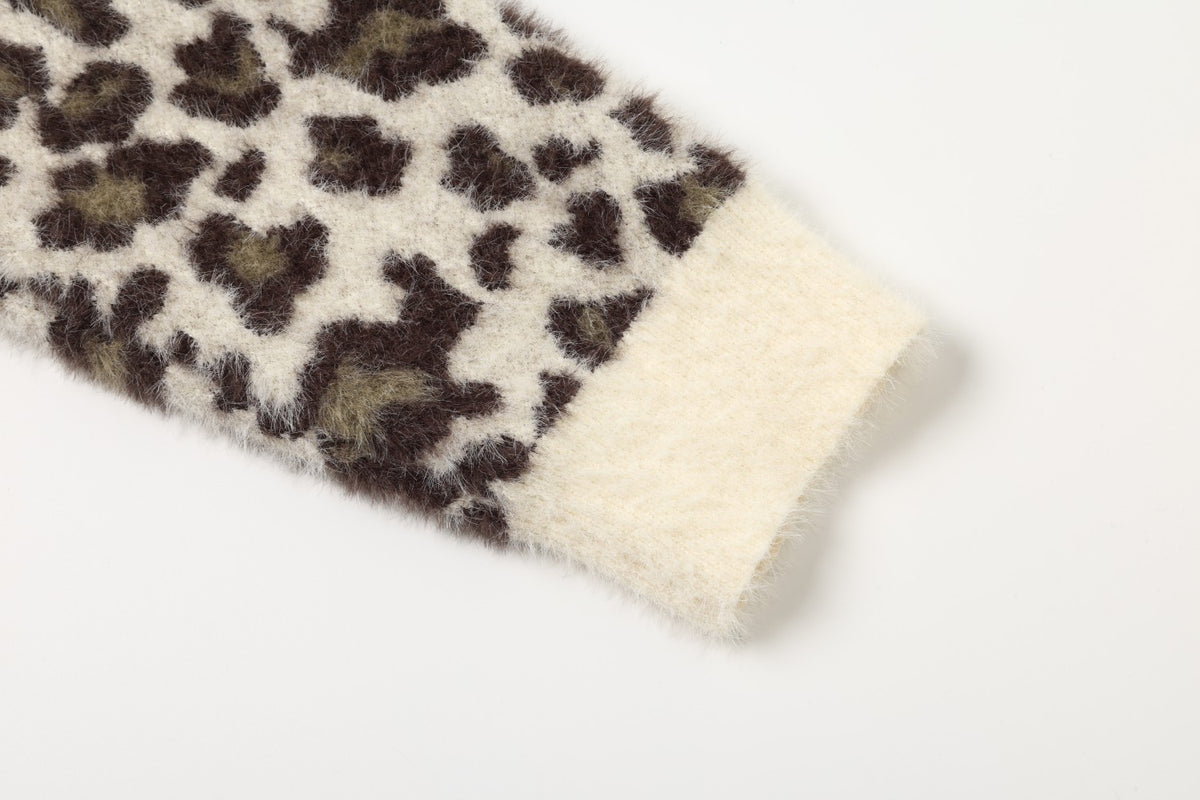 Leopard Jacquard Zip-Up Hooded Knit Cardigan