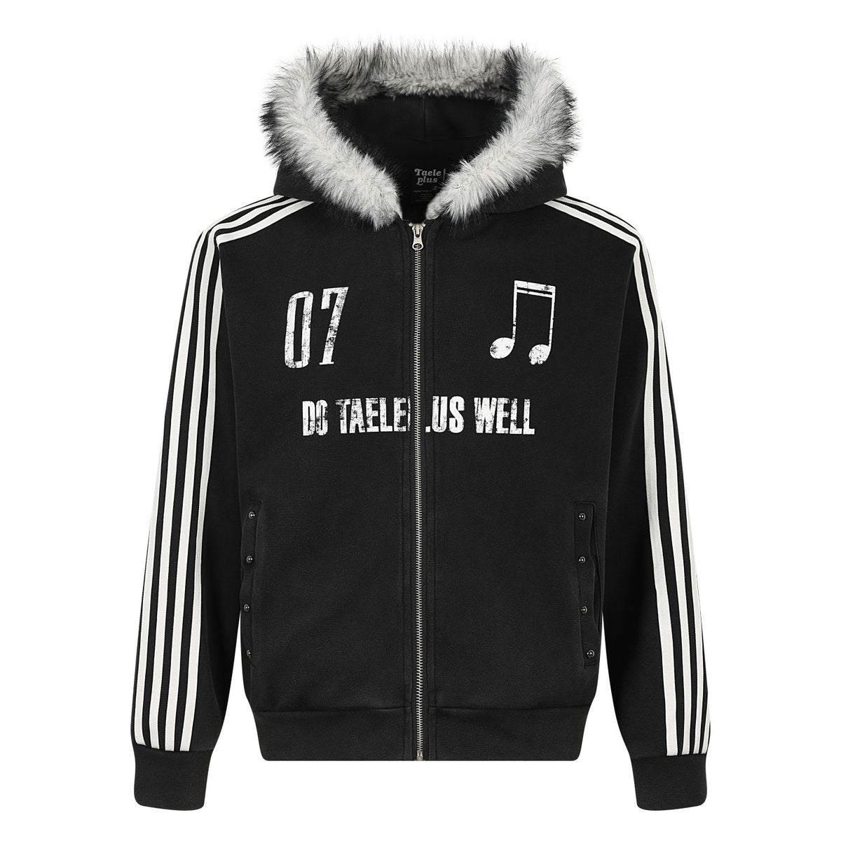 Music Note Vintage Letter Print Furry Trim Zip Up Hoodie