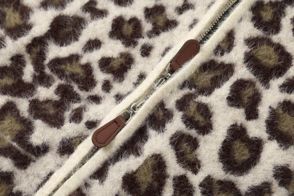 Leopard Jacquard Zip-Up Hooded Knit Cardigan